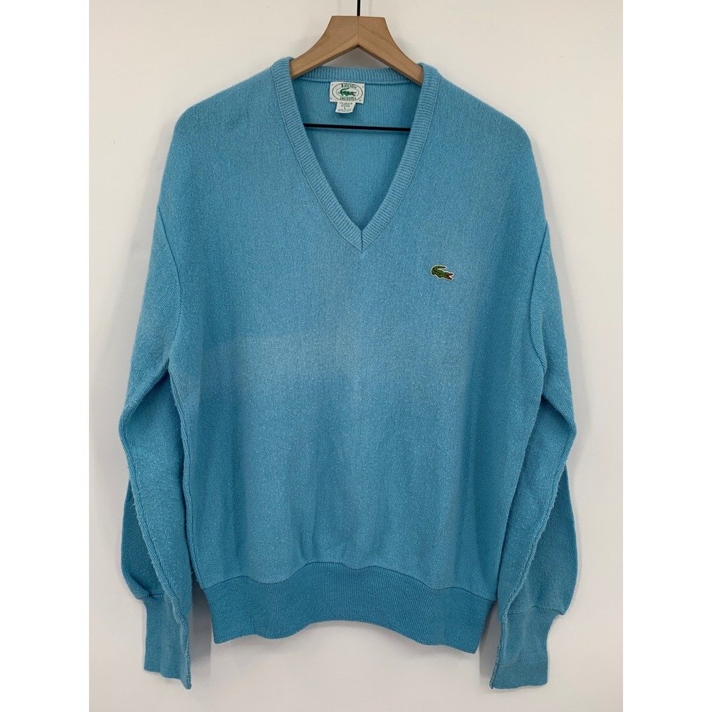 Vintage Izod Lacoste Sweater Mens‎ Large Blue Solid V-Neck Acrylic Made in USA